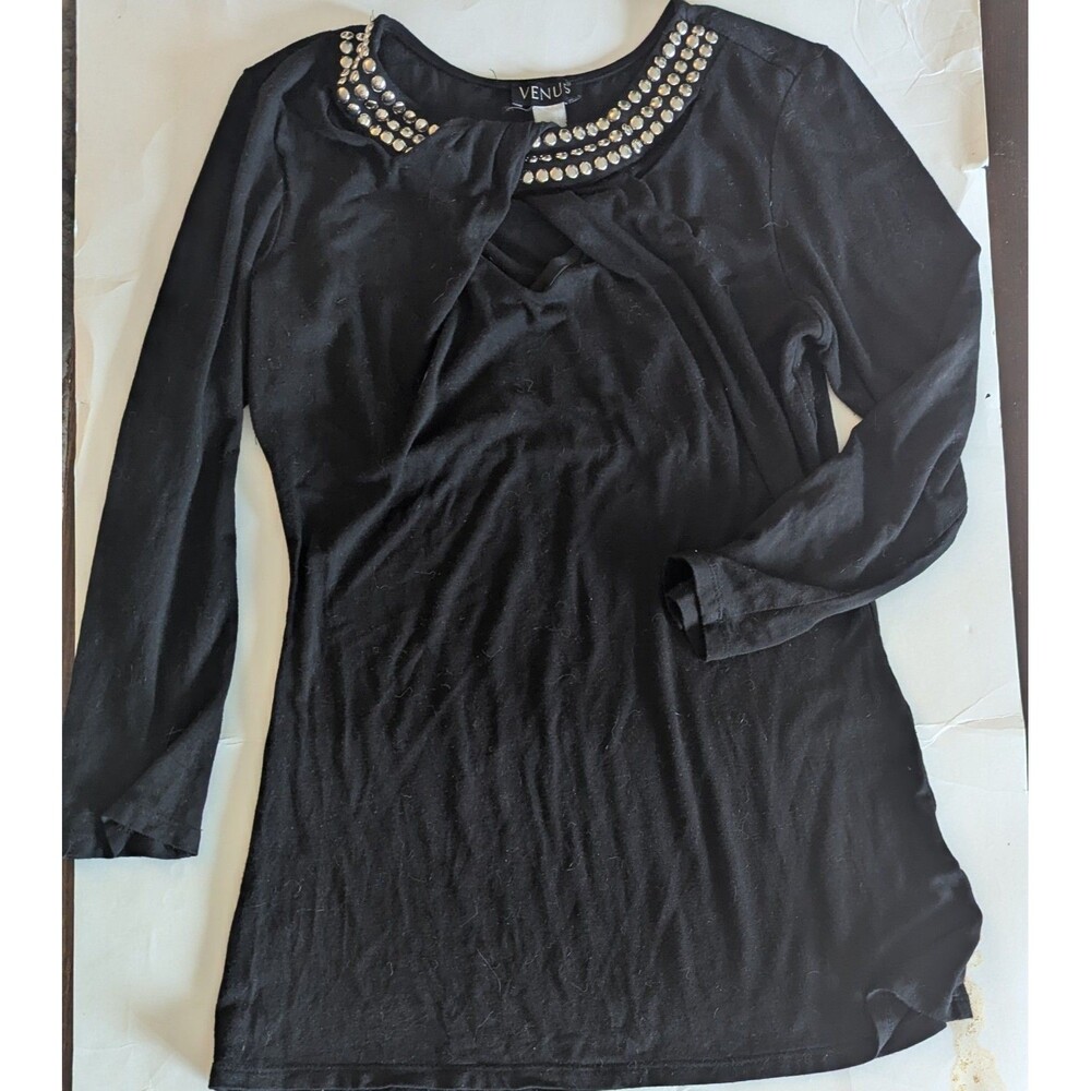 Venus Women’s Round Neck Cut Out Front Stud Neck 3/4 Sleeve Black Blouse size M￼